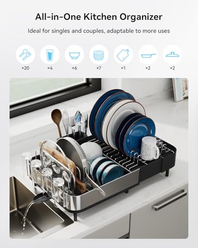 SUNLY Expandable Dish Drying Rack, Versatile Brackets for Pots & Pans, Space Saving Kitchen Drying Rack, Dish Racks for Kitchen Counter, Stainless Steel Dish Drainers with Extendable Spout, Black - color: Black + Silver