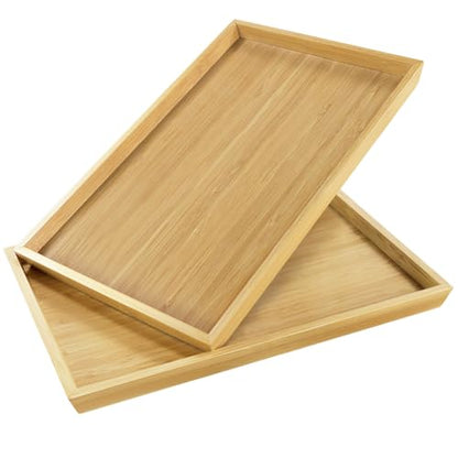 BFTOU 2pcs Rectangular Bamboo Serving Tray for Eating Drinks Storage Snacks TV Breakfast Coffee Parties Bathroom(13.8"x 10.2"x 0.8")