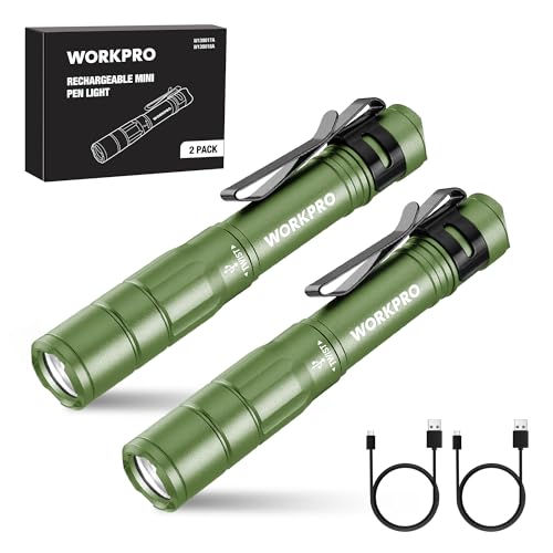 WORKPRO Rechargeable Pen Light, Mini Flashlight, 2 Pack Ultra-Compact EDC Flashlight, Pocket Flashlight with Clip, Memory Function and 2 x USB C Cable Included, Green - color: Green