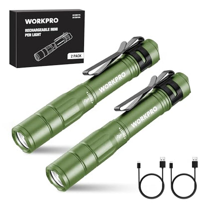 WORKPRO Rechargeable Pen Light, Mini Flashlight, 2 Pack Ultra-Compact EDC Flashlight, Pocket Flashlight with Clip, Memory Function and 2 x USB C Cable Included, Green - color: Green