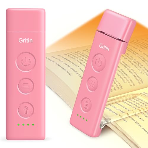 Gritin Book Light Rechargeable, Clip on LED Reading Light for Books in Bed | Eye Caring 3-Color & 5-Brightness, Stepless Dimming, Long Lasting, Compact Size Flexible Book Lamp for Bookworms-Warm Pink - color: Warm Pink