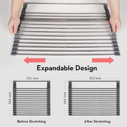 Roll Up Dish Drying Rack Over The Sink, 304 Stainless Stee Dish Drainer, Foldable & Adjustable Sink Drying Rack for Kitchen Sink Counter with Utensil Holder (Gray, Expandable) - size: Large