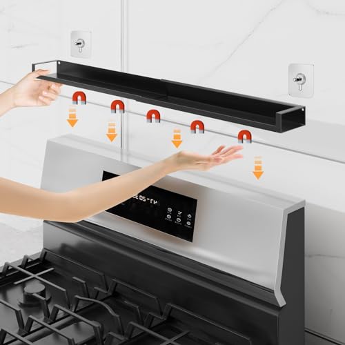 SZJHXIN 4X Strong Magnetic Stove Top Shelf, Adjustable 15-30 Inches, Fits Various Stove Lengths, Kitchen Organizer, Holds Spices, Condiments and BBQ Sauces (Matte Black) - color: Matte Black