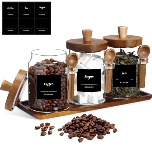 Suclain 3 Pcs Glass Coffee Container with Wooden Lid Spoon Shelf Labels Clear Airtight Jar Food Storage Canister Set for Sugar Spice Coffee Bean Holder Housewarming Gift(20 oz,Acacia Brown) - size: 20 oz