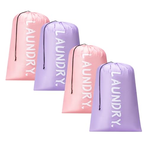 4 Pack XL Travel Laundry Bag, Machine Washable Dirty Clothes Organizer with Drawstring,Large Enough to Hold 4 Loads of Laundry, Easy Fit a Laundry Hamper or Basket Travel Essentials 24" x 36" - color: Light purple+Pink, size: 24"x36" |4 Pack