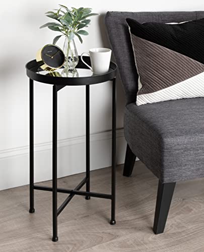 Kate and Laurel Celia Round Metal Foldable Accent Table with Mirror Tray Top, Black - color: Black/Mirror