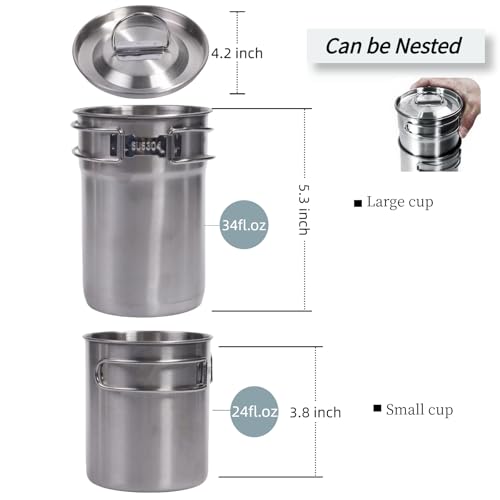 KOKKOYA Foldable Camping Cups Mugs Camping Pot Cookware 304-Food-Grade Outdoor Camp Cooking Set with Vented lid,Stainless Steel Backpacking Cookware for Hunting - color: silvery