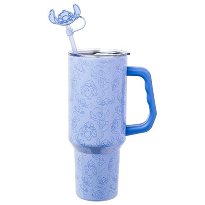 Silver Buffalo Disney Lilo and Stitch Poses Pattern Double Walled Stainless Steel Tumbler with Handle, Straw, and Straw Cap, Fits in Standard Cup Holder, 40 Ounces - color: Disney Lilo and Stitch Poses