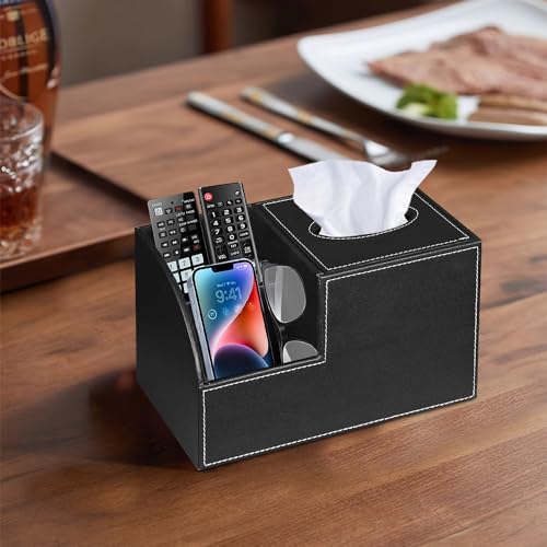 PU Leather Square Tissue Box Cover - Multi-Functional Tissue Box Holder, Tissue Box Cover with Storage,Tissue and Remote Control Holder, Cube Tissue Box Organizer Bedroom Nightstand End Table - color: Black