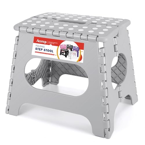 ACSTEP Folding Step Stool 11'' Foldable Step Stool for Kids and Adults Up to 300 lbs, Non-Slip Folding Stools with Portable Handle for Bedroom Kitchen, Bathroom Grey - color: Gray, size: 11 Inch( Pack of 1)