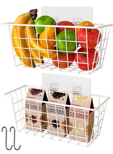 MaraFansie Wall Wire Baskets Bin No Drilling Adhesive Hanging Baskets Wall Mounted for Cabinet & Pantry Organization and Kitchen, Bathroom, Bedroom Storage, 2 Pack, White - color: WHITE, size: 2 PACK