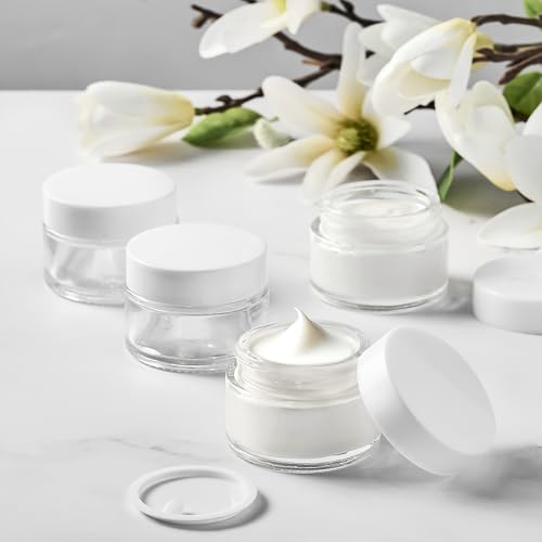 1 oz Glass Jars with Lids & Inner Liners, 4 Pack Small Glass Jars Thick Round Airtight Travel Containers for Cosmetics Cream Lotions Powders | Essential oil Beauty Products | Candle Making Jar - color: 1 oz Clear-White Lid