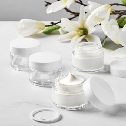 1 oz Glass Jars with Lids & Inner Liners, 4 Pack Small Glass Jars Thick Round Airtight Travel Containers for Cosmetics Cream Lotions Powders | Essential oil Beauty Products | Candle Making Jar - color: 1 oz Clear-White Lid