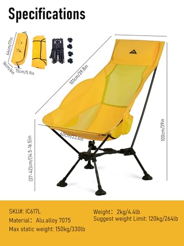 iClimb Ultralight Compact Camping Folding Beach Chair with Anti-Sinking Large Feet (Yellow - Triangular Frame High Back - 2PC) - color: Yellow (Triangular Frame High Back)