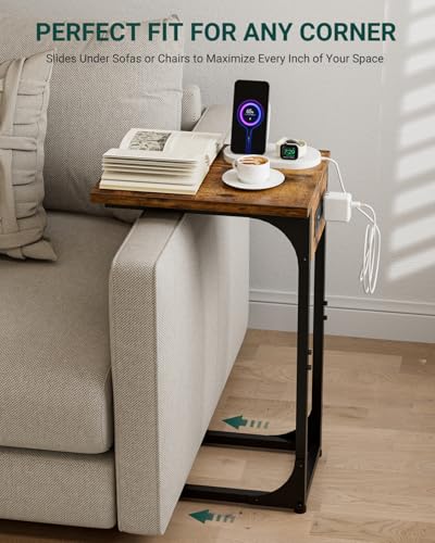 C-Shaped Side Table for Couch - Small Coffee Stand Sofa Tray Desk with Metal Frame Waterproof Scratch Resistant Wood Top and Built-in Charging Station, Rustic Brown - color: Rustic Brown, size: 1-Pack, style: Includes Power Outlets