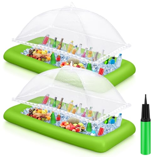 Leitee 5 Pcs Inflatable Serving Bar Kit Includes Salad Buffet Tray with Drain Plug Mesh Food Cover Food Drink Containers and Inflator for Ice Supplies Summer Party Camping Picnic(Green) - color: Green