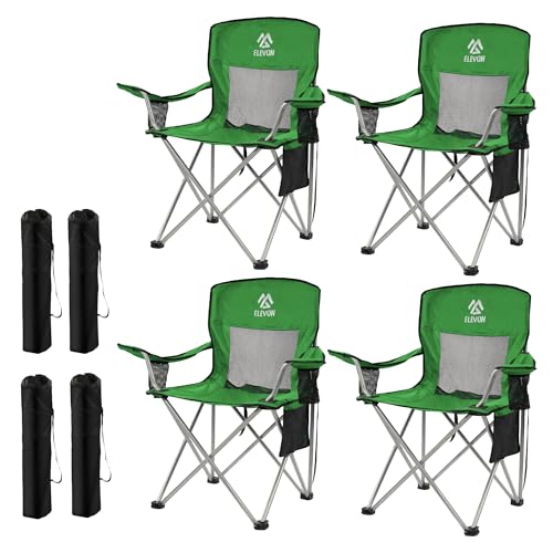 Elevon Camping Chair, Portable Folding Outdoor Chair with Arms, Cup Holder and Carry Bag - color: Green-4 Pack