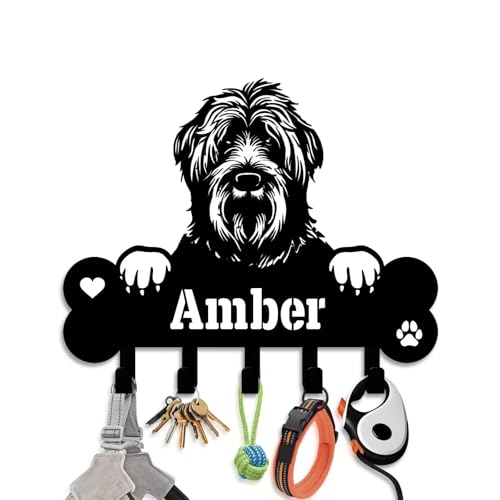 NIWAHO Personalized Dog Leash Holder Wall Mount - Custom Briard Metal Silhouette Sign with Bone Key Hooks, Entryway & Pet Room Organizer Decor - color: Briard