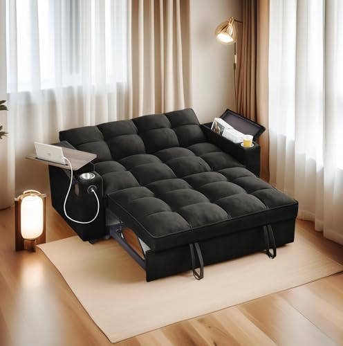oaaktu ﻿ 65''Convertible Sleeper Sofa Bed,3-in-1 Pull Out Couch Bed with 360 Degree rotatable Side Table and USB Ports for Living Room,RV (07Black) - color: 07black