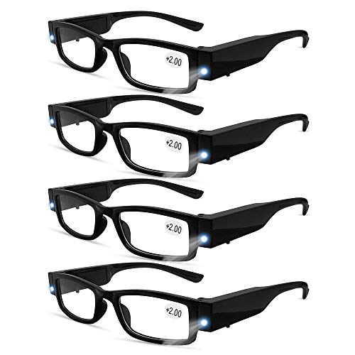 4 Pcs Reading Glasses Led Readers with Lights Fashion Glasses for Reading for Men and Women Lighted Magnifier Nighttime Reader Compact Full Frame Eyewear Unisex Clear Vision Lighted Eye Glasses(+200) - color: +200