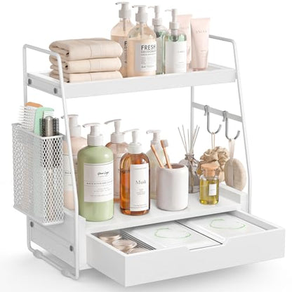 2-Tier Bathroom Counter Organizer with Drawer and Removable Basket, Wood Vanity Countertop Storage for Perfume, Makeup, Skincare, Bathroom Counter Shelf, 13" x 7.9" x 14.5", White - color: White