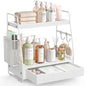 2-Tier Bathroom Counter Organizer with Drawer and Removable Basket, Wood Vanity Countertop Storage for Perfume, Makeup, Skincare, Bathroom Counter Shelf, 13" x 7.9" x 14.5", White - color: White