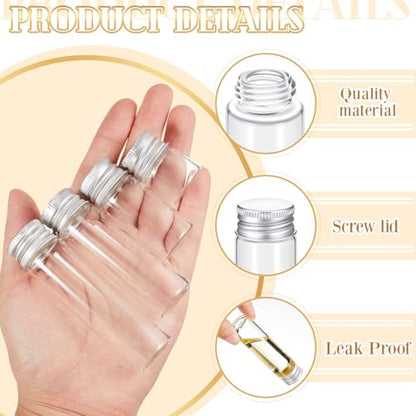 Didaey 100 Pcs Small Clear Vials Spice Mini Jars with Lids Mini Glass Bottles with Screw Aluminum Metal Caps Tiny Jars Sample Containers for Powder Cream Cosmetic Jewelry Wedding (4 Size,Silver Caps) - color: Silver Caps, size: 4 ml