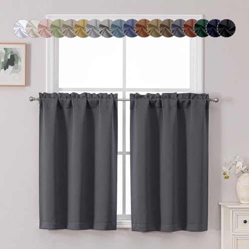 Chyhomenyc Charcoal Grey Short Blackout Curtains 36 Inch Length, Small Kitchen Curtain Tier Rod Pocket Half Window Curtains for Bathroom Basement Cabinet Camper RV Bunk, 2 PCS, Each 30" Wx36 L - color: Charcoal Grey, size: 30"W x 36"L (Pack of 2)