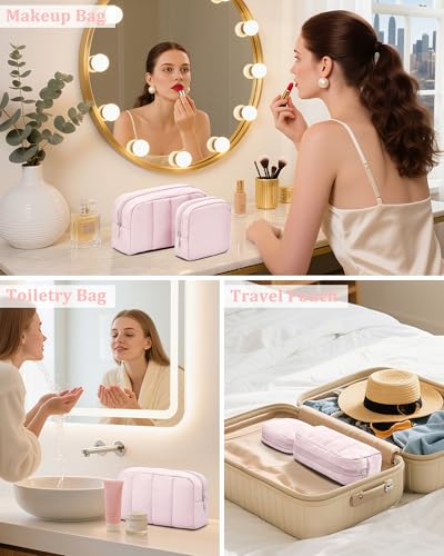 oscaurt 2 Pcs Makeup Bag Travel Toiletry Bag for Women Puffy Padded Cosmetic Pouch Purse Wide-open Makeup Organizer Case Travel Essentials - color: Pink-Set