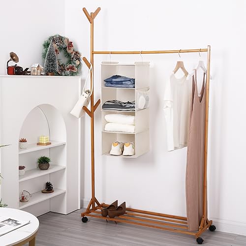 MAX Houser 4 Tier Shelf Hanging Closet Organizer, Space Saver,Closet Hanging Shelf with 2 Sturdy Hooks for Storage, Foldable (Beige) - color: Beige-4