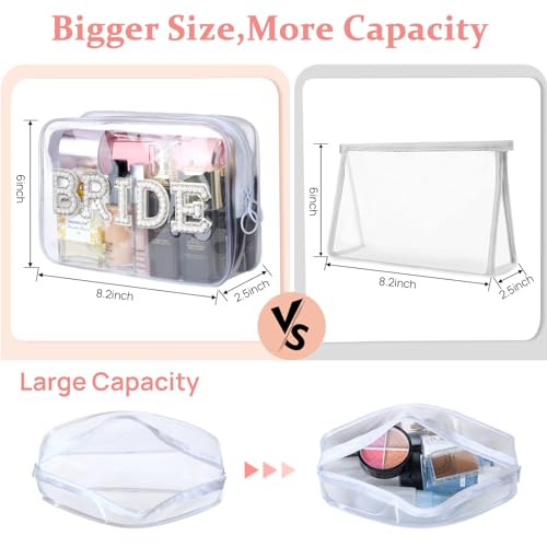 Etercycle Bride Clear Makeup Bag, Bridal Shower Gifts Engagement Cosmetic Bag, Bling Pearl Rhinestone Letter Patches Waterproof PVC Travel Organizer for Women Wedding Bachelorette Party(Silver) - color: Silver, style: Bride