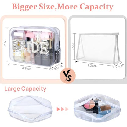 Etercycle Bride Clear Makeup Bag, Bridal Shower Gifts Engagement Cosmetic Bag, Bling Pearl Rhinestone Letter Patches Waterproof PVC Travel Organizer for Women Wedding Bachelorette Party(Silver) - color: Silver, style: Bride