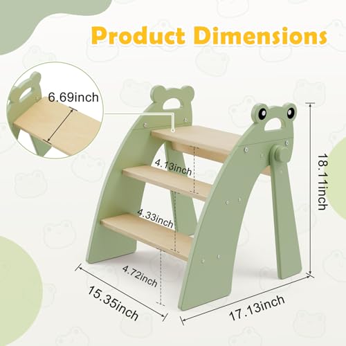 Wooden 3 Step Stool for Kids Bathroom Sink Foldable Anti-Slip, Child Stepping Stool for Bedroom - color: Green Frog