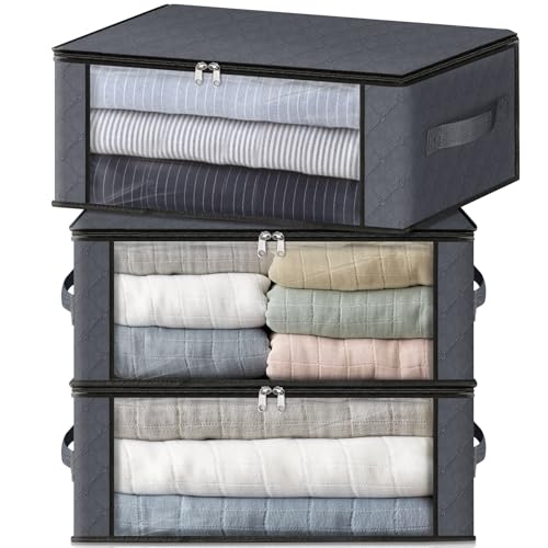 HomeHacks Storage 3-Pack Clothes Organizer Storage Bags Foldable Storage Box with Large Clear Window Sturdy Handles for Closet, Dorm, Pillows, Bedding, Clothes, Blankets, 35L, Gray - color: Gray