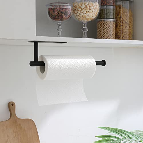 theaoo 2 Packs Paper Towel Holder - Under Cabinet Paper Towel Holder for Kitchen, Adhesive Paper Towel Roll Rack for Bathroom Towel, Wall Mounted Matte Black Paper Towel Rack, SUS304 Stainless Steel - color: Black 2pc
