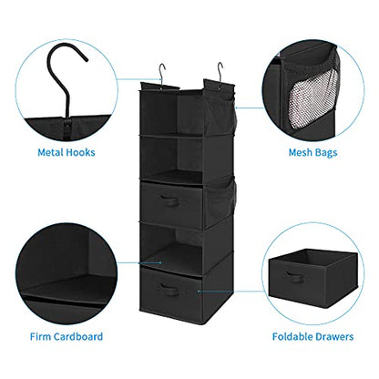 MAX Houser 5 Tier Shelf Hanging Closet Organizer, Cloth Hanging Shelf with 2 Sturdy Hooks for Storage, Foldable (Black-D2) - color: Black-d2