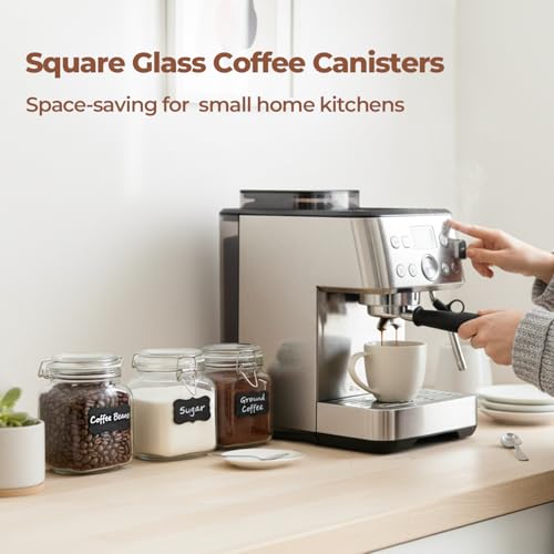 ComSaf 3-Pack Square Glass Coffee Canisters for 1lb Bean Bags, 34oz Airtight Jars with Clamp Lids for Tea, Sugar & Flour, Space-Saving Pantry Organization for Small Apartments & Coffee Station - size: 34oz*3