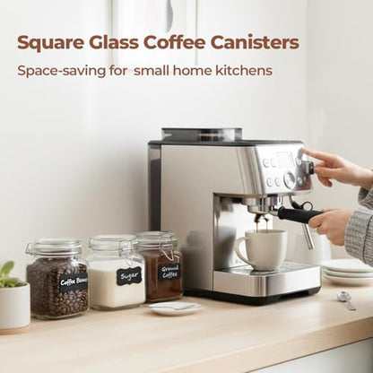 ComSaf 3-Pack Square Glass Coffee Canisters for 1lb Bean Bags, 34oz Airtight Jars with Clamp Lids for Tea, Sugar & Flour, Space-Saving Pantry Organization for Small Apartments & Coffee Station - size: 34oz*3