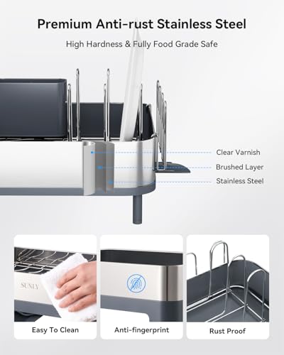 SUNLY Expandable Dish Drying Rack, Versatile Brackets for Pots & Pans, Space Saving Kitchen Drying Rack, Dish Racks for Kitchen Counter, Stainless Steel Dish Drainers with Extendable Spout, Gray - color: Gray