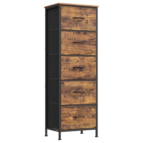 SONGMICS BELLAH Collection - Dresser for Bedroom, Chest of Drawers, Storage Organizer Unit, Closet, Entryway, Steel, 5 Drawers, Industrial, Rustic Brown and Ink Black ULGS315B02S - color: Rustic Brown + Ink Black, size: 11.8"D x 15.6"W x 45.9"H (5 Drawers