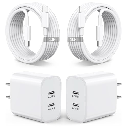 2Pack iPhone 17 16 Charger,Dual Port Fast Wall Charger Block with 10FT USB C to C Cable Cord Chargers Fast Charging for iPhone 17e/17 Pro Max/17 Pro/iPhone Air/16Pro Max/16 Plus/15Pro Max/15/iPad - color: White, size: 10ft