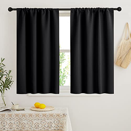 RYB HOME Short Blackout Curtains for Bedroom, Black Room Darkening Insulated Summer Heat Light UV Blocking Energy Saving Drapes for Nursery, Width 34 by Length 48, Black, Set of 2 - color: Black, size: 34"W x 48"L (Pack of 2)