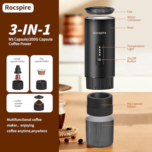 3-in-1 Portable Espresso Maker 20 Bar Self-Heating Stainless Steel Fits Ground Coffee & Nespresso Capsules USB-C Rechargeable for Camping Car Hiking Office - color: Black