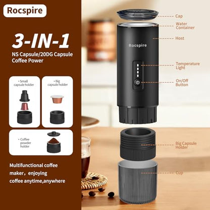 3-in-1 Portable Espresso Maker 20 Bar Self-Heating Stainless Steel Fits Ground Coffee & Nespresso Capsules USB-C Rechargeable for Camping Car Hiking Office - color: Black