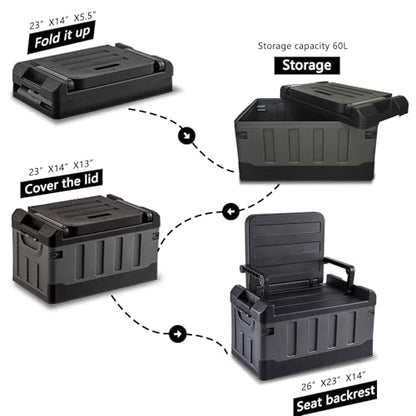 Versatile Foldable Seatable Camping Box Car Organizer Heavy Duty Storage Bins With Lids Box Trunk,Durable Plastic,60L Can Store Clothes, Camping Equipment in Large Capacit (black)