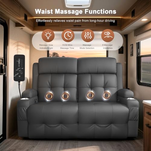 RV Loveseat Recliner Sofa, Reclining Loveseats Couch for RV Furniture, Home Theater Seating with Massage, USB, Insert Pockets, Cup Holders, 150° Wall Hugger RV Recliners Sleeper Sofa - color: Dark Gray, size: Loveseat-G1