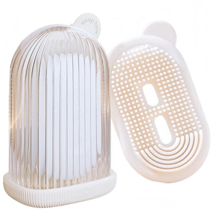 Travel Soap Case Container Leakproof Bar Soap Box with Lid Soap Holder with Draining Layer and Silicone Brush Portable Soap Dishes for Traveling Camping Gym Shower Outdoor (White) - color: White