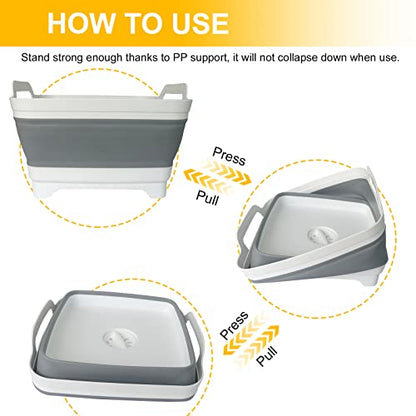 Collapsible Dish Basin & Sink Tub with Drain Plug – 2.4 Gal Baby Bottle Wash Basin, Bottle Washing Bin for RV, Camping, Kitchen | Collapsible Water & Bottle Basin (Grey)