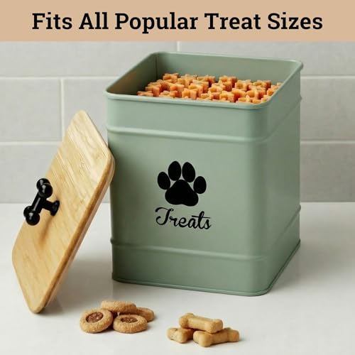 Dog Treat Container Airtight - 6 Inch Wide x 8 Inch Tall Iron Dog Treat Jar for Kitchen Counter with Airtight Bamboo Lid - 12 Cup Capacity Pet Treat Container - Doggie Cookie Jar - Big Treats Canister - color: Sage Green
