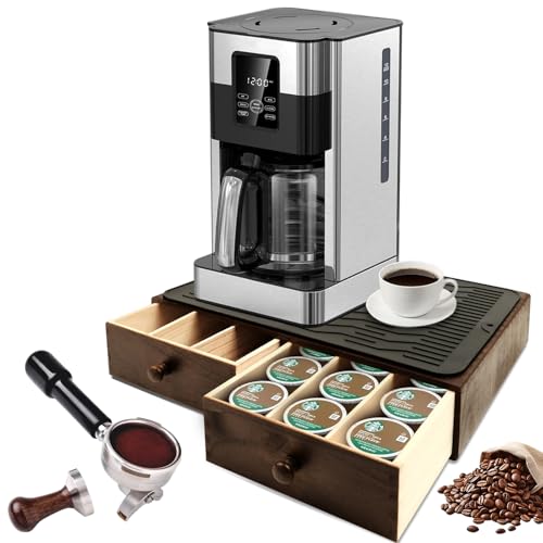 Coffee Pod Holder Storage, Wooden K Cup Organizer for Countertop, K Cup Drawer and Tea Organizer for Counter, Coffee Station Organizer with Silicone Non-Slip Pad (30 Pod Capacity) - color: Walnut01, size: 15.35"D x 11.22"W x 3.35"H